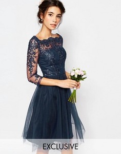 Кружевное платье миди с юбкой из тюля Chi Chi London - Темно-синий