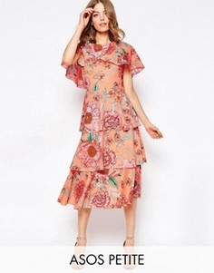 Пастельное платье миди с кейпом и цветочным принтом ASOS PETITE - Мульти