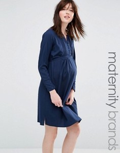 Короткое приталенное платье для беременных с плиссировкой на планке Mamalicious - Темно-синий Mama.Licious