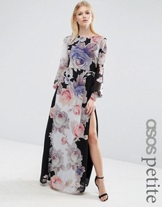 Черное платье-туника макси с цветочным принтом ASOS PETITE - Мульти