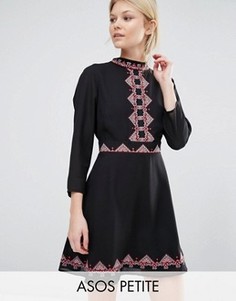 Короткое приталенное платье с вышивкой ASOS PETITE - Черный
