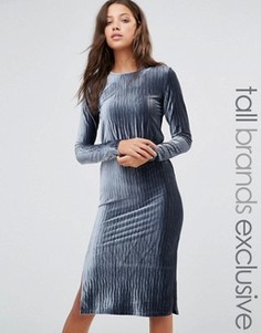Плиссированное бархатное платье миди с длинными рукавами Glamorous Tall - Синий