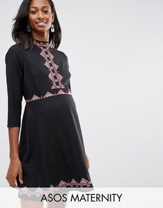 Короткое приталенное платье с вышивкой в стиле фолк ASOS Maternity - Черный