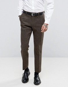 Коричневые брюки узкого кроя из 100% шерстяного твида Харрис с узором в елочку ASOS - Коричневый