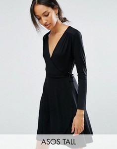 Чайное платье мини с запахом и длинными рукавами ASOS TALL - Черный