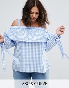 Хлопковый топ в клеточку с открытыми плечами и завязками ASOS CURVE - Мульти