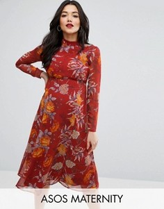 Платье миди для беременных с открытой спиной и цветочным принтом ASOS Maternity - Красный