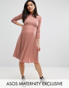 Платье миди с высокой горловиной и плиссированной юбкой ASOS Maternity - Розовый