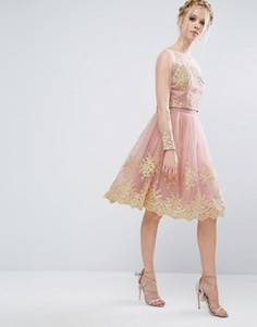 Кружевная юбка миди с вышивкой металлик Chi Chi London Premium - Розовый