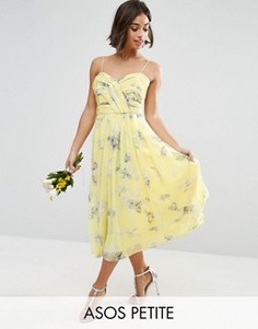 Платье миди со складками и цветочным принтом ASOS PETITE WEDDING - Желтый