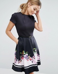 Короткое приталенное платье с цветочной отделкой Ted Baker - Черный