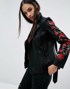 Байкерская куртка из искусственной кожи с цветочной аппликацией Missguided - Черный