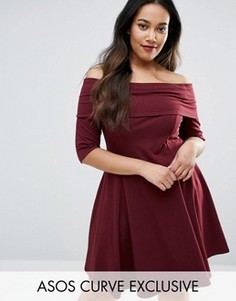 Приталенное платье мини с вырезом лодочкой и рукавами 3/4 ASOS CURVE - Красный