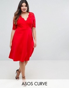 Приталенное платье миди с кружевным топом ASOS CURVE - Красный