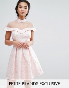 Платье для выпускного с высокой сетчатой горловиной и жаккардовым узором пейсли Chi Chi London Petite - Розовый