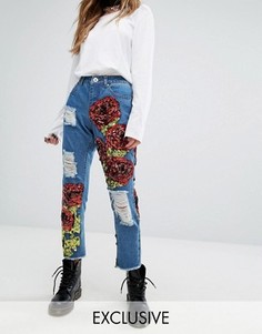 Рваные джинсы с нашивками в виде роз из пайеток One Above Another - Синий