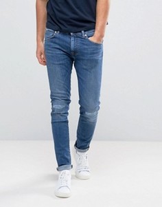 Узкие заниженные джинсы с рваными коленями Edwin ED-85 - Синий