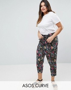 Черные брюки с цветочным принтом и завязкой ASOS CURVE - Мульти