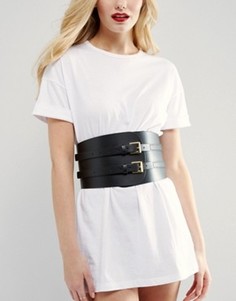 Широкий кожаный ремень с двумя пряжками ASOS - Черный