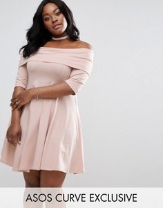 Приталенное платье мини с вырезом лодочкой и рукавами 3/4 ASOS CURVE - Розовый