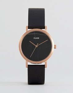 Черные часы с кожаным ремешком и розово-золотистым корпусом CLUSE La Roche - Черный