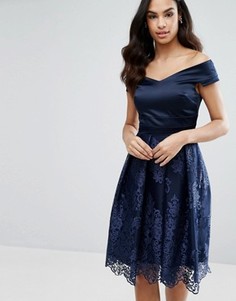 Платье миди с кружевной юбкой и открытыми плечами Vesper - Темно-синий
