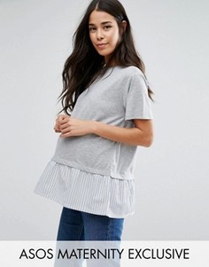 Футболка с тканой полосатой вставкой по низу ASOS Maternity - Серый