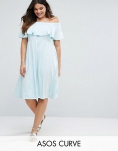 Платье миди с открытыми плечами и оборкой ASOS CURVE - Синий