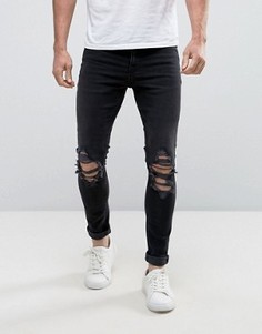 Черные выбеленные супероблегающие джинсы с рваными коленями New Look - Черный