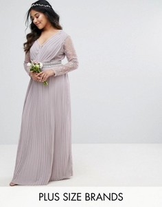 Плиссированное платье макси с длинными рукавами, кружевными вставками и отделкой на талии TFNC Plus Wedding - Серый