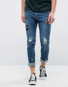 Зауженные джинсы с рваной отделкой и отворотами Brave Soul - Синий