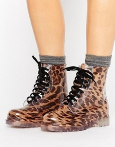 Резиновые ботинки со шнуровкой и леопардовым принтом Glamorous - Мульти