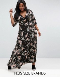 Платье макси с запахом, цветочным принтом и рукавами-кимоно Koko Plus - Черный