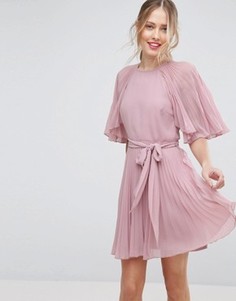 Плиссированное платье мини с короткими рукавами-бабочка ASOS - Бежевый