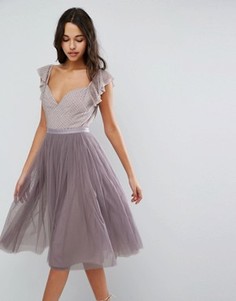 Платье миди из тюля с рукавами рюшами Needle & Thread Swan - Фиолетовый