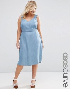 Приталенное джинсовое платье миди с оборками на рукавах ASOS CURVE - Синий