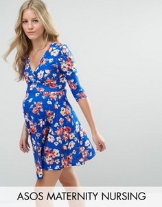 Синее платье с запахом и цветочным принтом ASOS Maternity NURSING - Мульти