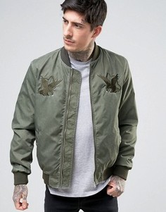 Выбеленный бомбер цвета хаки с вышитым орлом ASOS - Зеленый