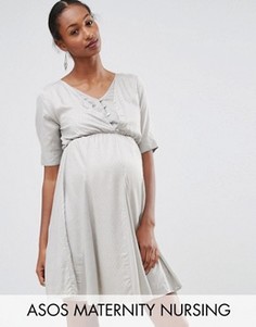 Приталенное платье для беременных и кормящих мам из добби в горошек ASOS Maternity - Серый