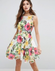 Короткое приталенное платье с цветочным принтом Ax Paris - Кремовый