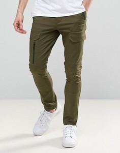 Супероблегающие брюки цвета хаки с карманами карго на молнии ASOS - Зеленый
