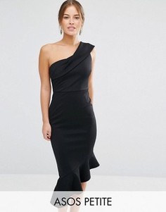 Платье миди на одно плечо с оборкой на подоле ASOS PETITE - Черный