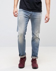 Узкие выбеленные джинсы с потертостями Diesel 0845F - Синий
