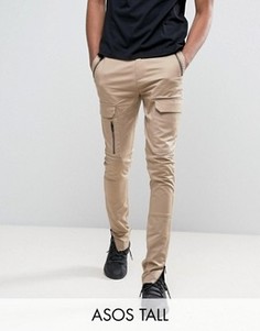 Супероблегающие брюки песочного цвета с карманами карго на молнии ASOS TALL - Stone