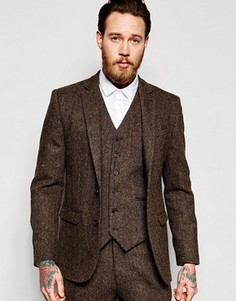Коричневый твидовый пиджак слим из 100% шерсти ASOS - Коричневый