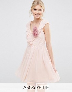 Платье мини с оборкой и V-образным вырезом ASOS PETITE - Розовый