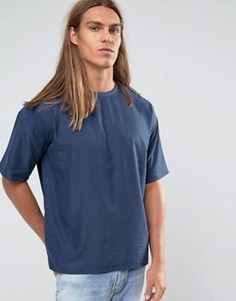 Тканая хлопковая футболка с круглым вырезом ADPT - Темно-синий