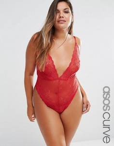 Кружевное боди с высоким вырезом на бедрах ASOS CURVE Billie - Красный