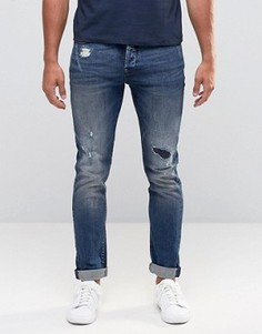 Стретчевые джинсы скинни с рваной отделкой и заплатками Only & Sons - Синий