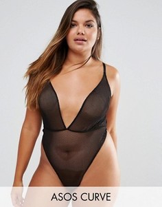 Сетчатое боди с высоким вырезом бедра ASOS CURVE Bambi - Черный